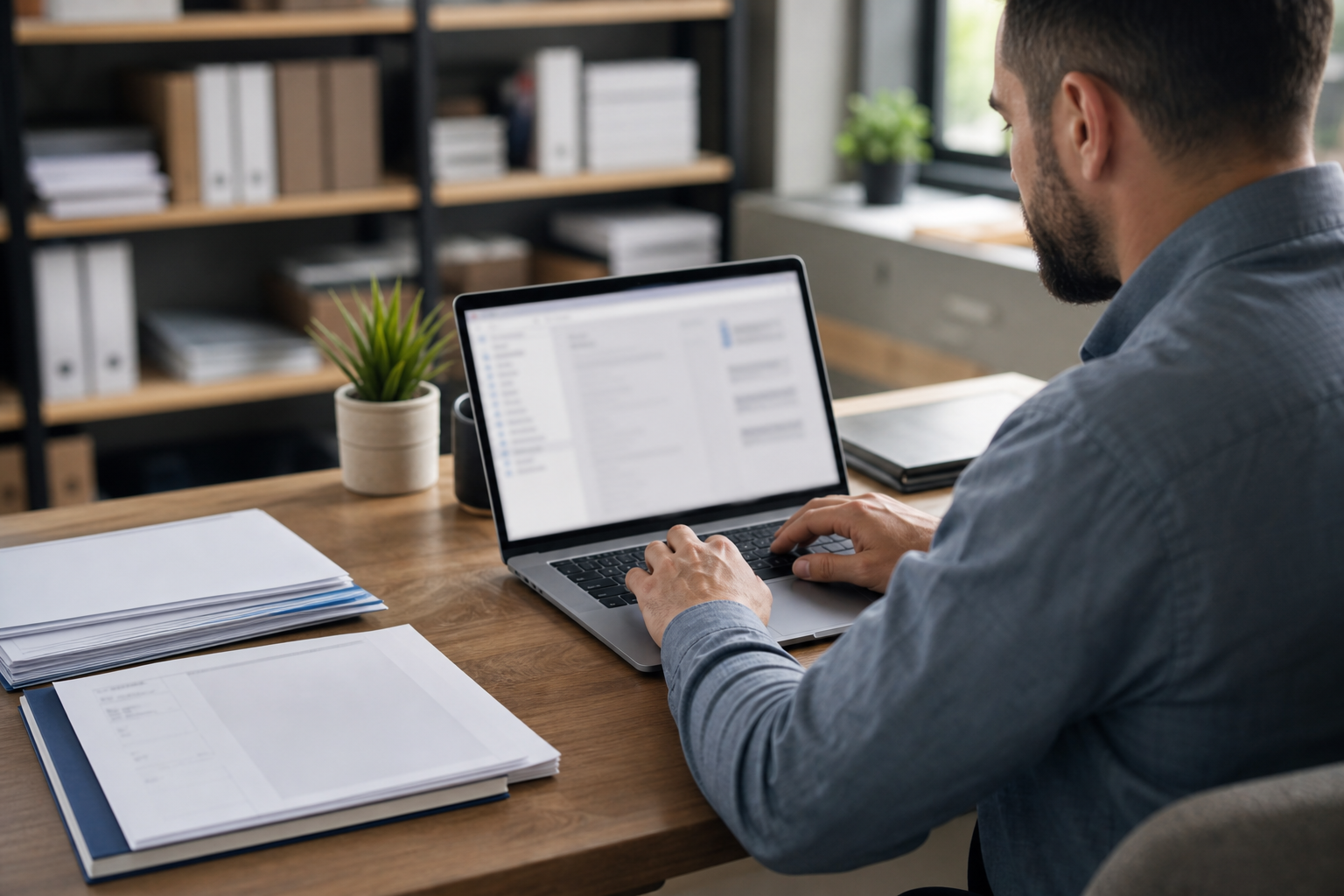 Operations manager reviewing a blurred CRM screen and blank forms before choosing an AI automation opportunity