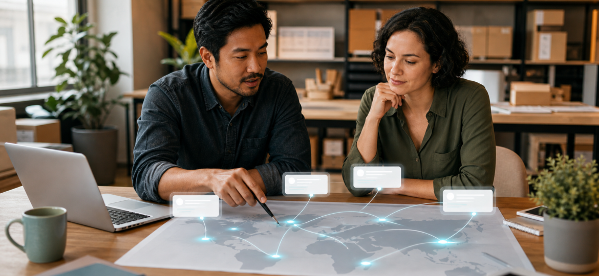 Small business owner and consultant reviewing an AI search visibility map in a practical office