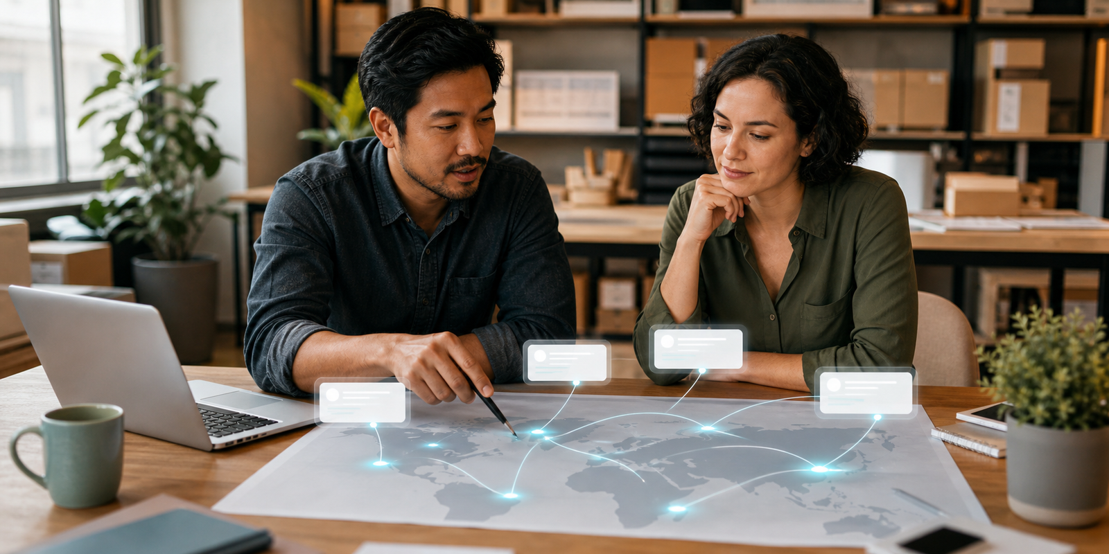 Small business owner and consultant reviewing an AI search visibility map in a practical office