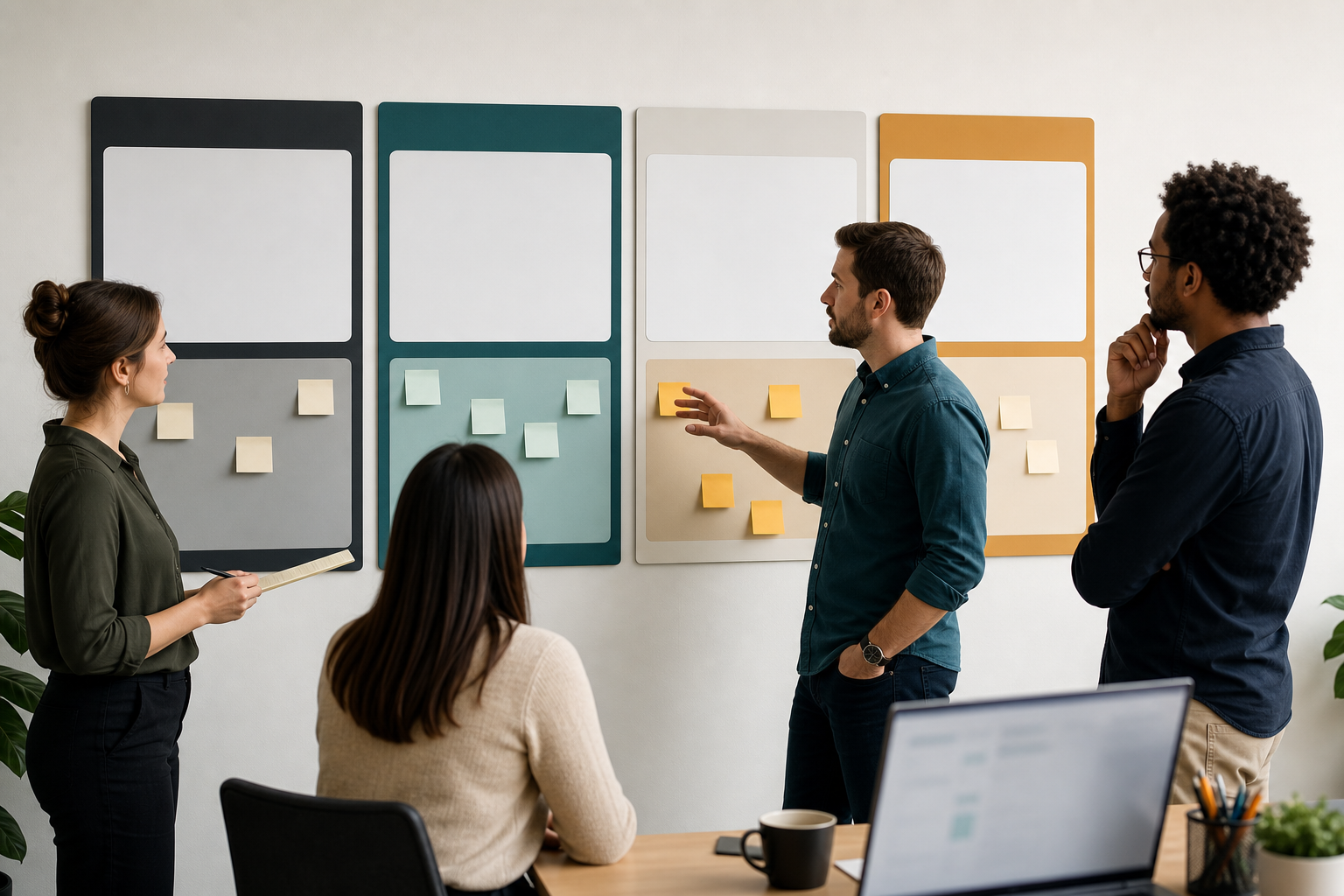 Small business team mapping blank AI search visibility workflow boards in an office