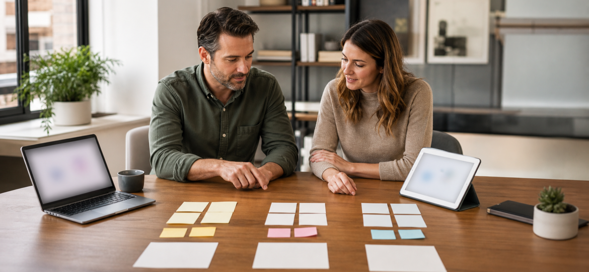 Small business owner and advisor comparing three AI and search visibility channels in a practical office