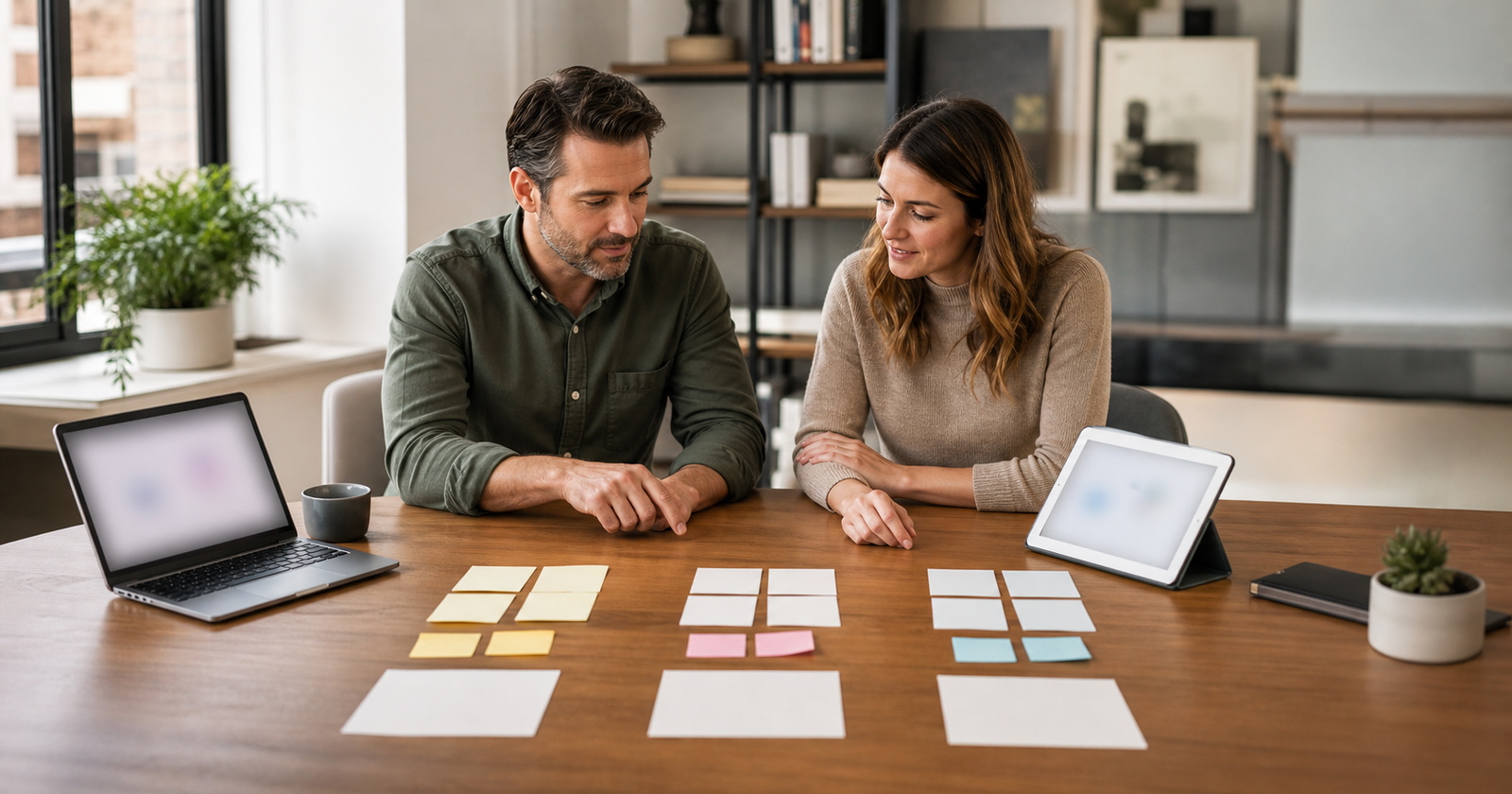 Small business owner and advisor comparing three AI and search visibility channels in a practical office