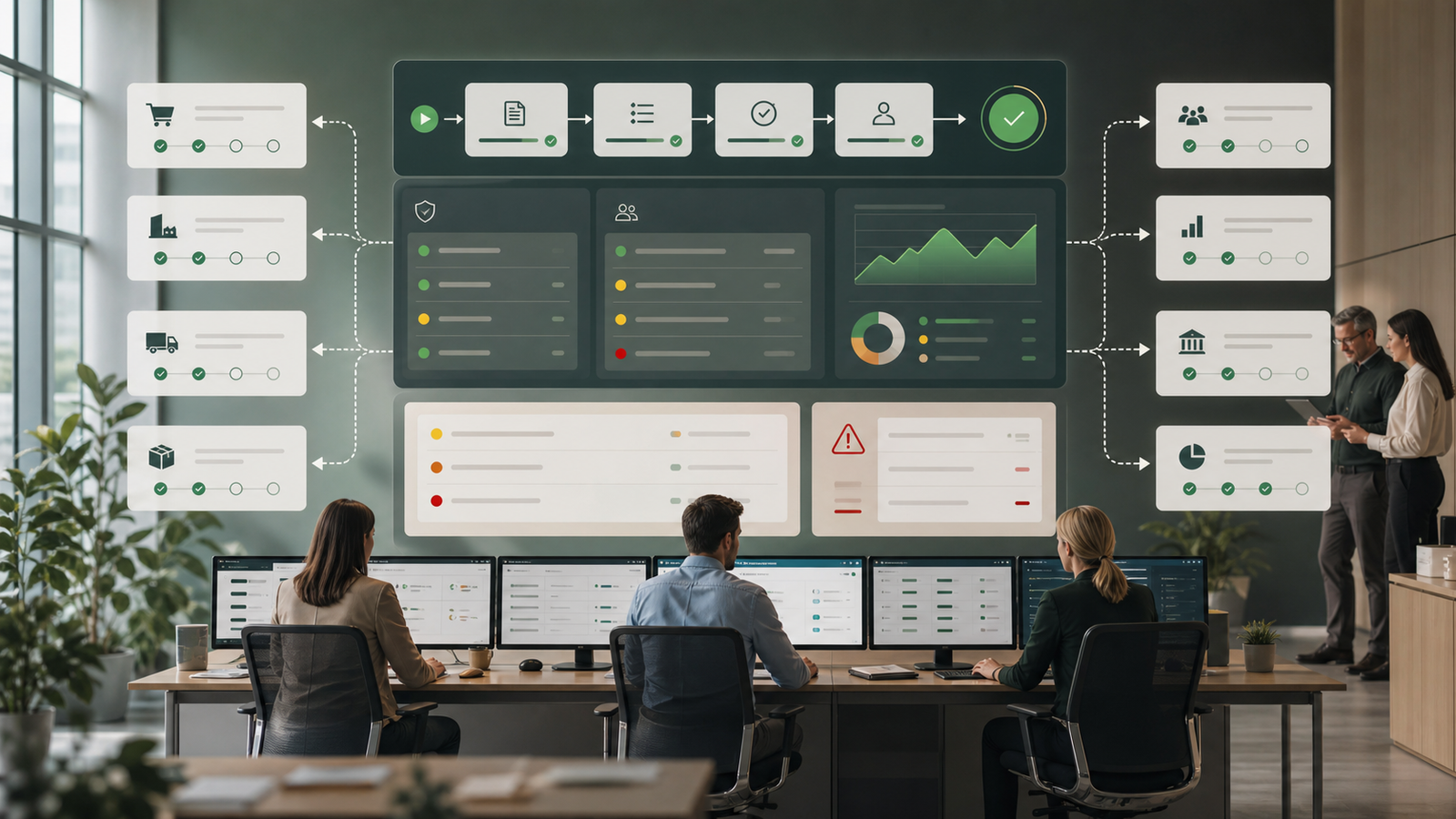 Operations team reviewing workflow quality checks, risk signals, and expansion into adjacent business processes