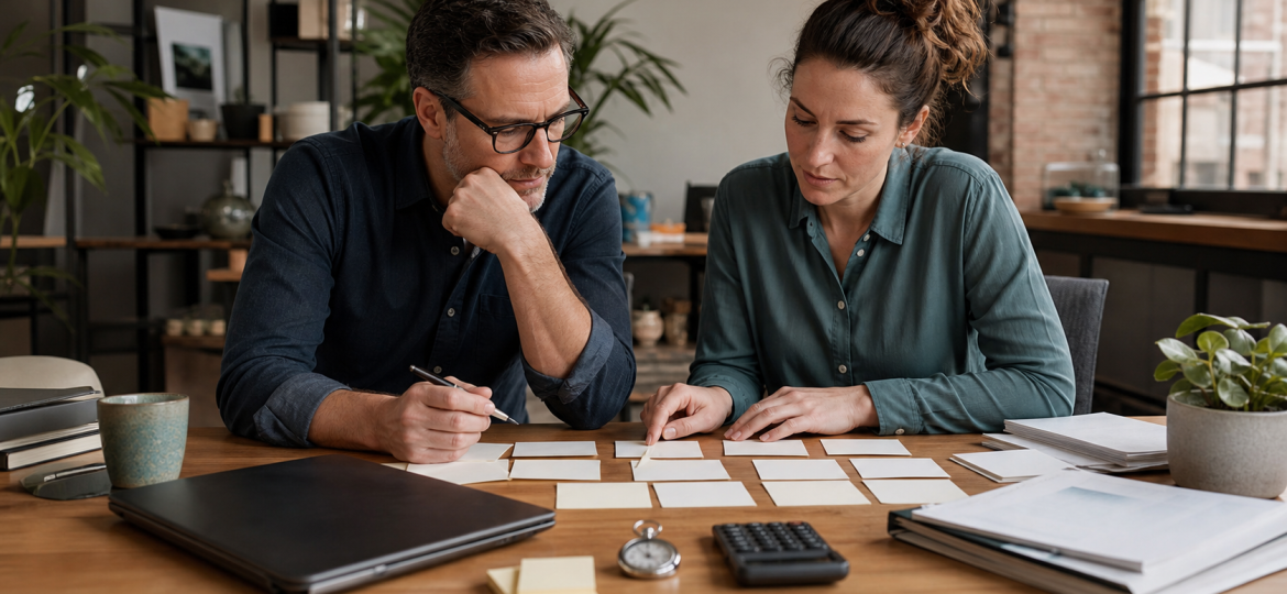 Small business owner and operations lead reviewing blank workflow cards to find hidden manual work costs