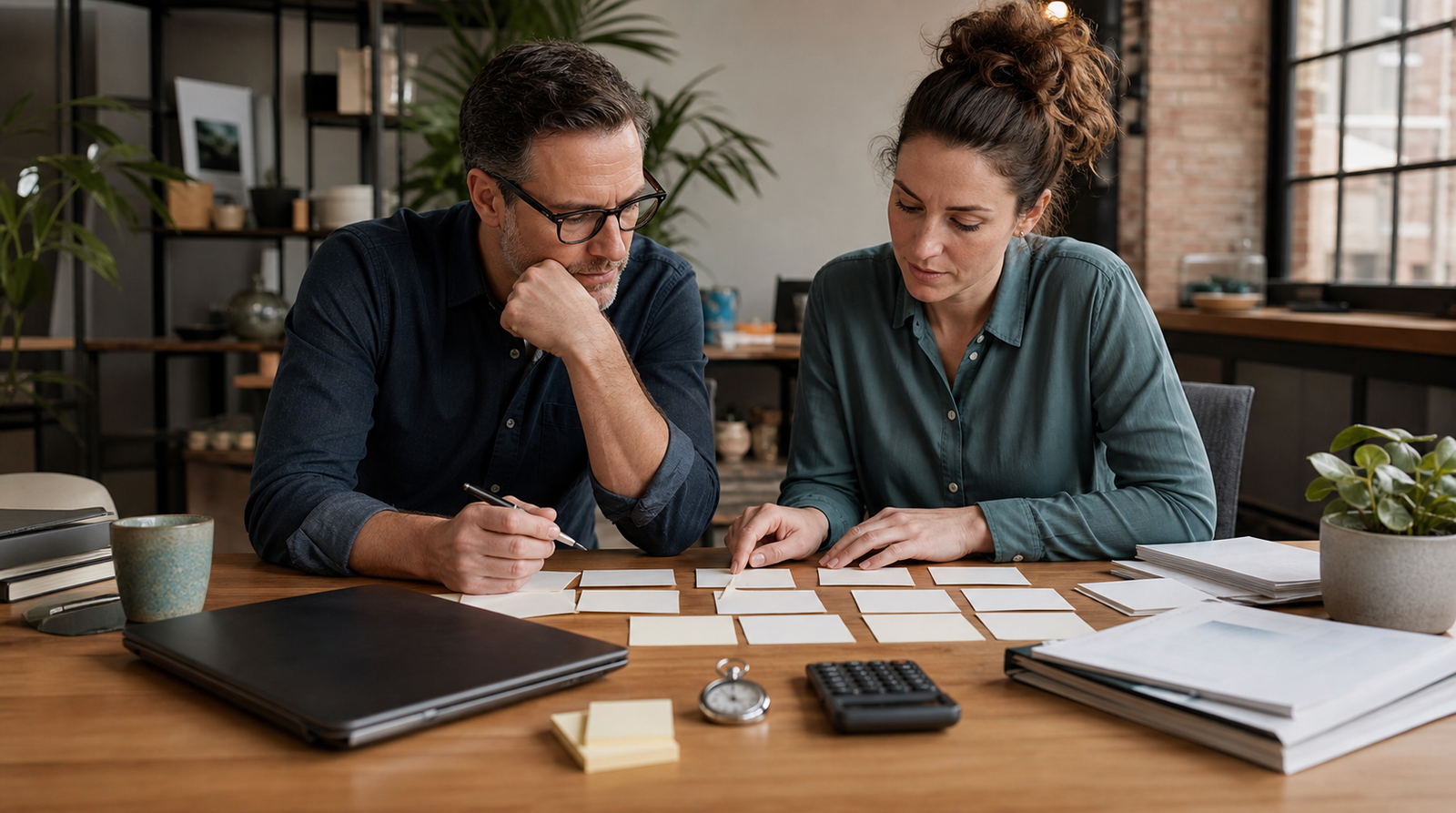 Small business owner and operations lead reviewing blank workflow cards to find hidden manual work costs