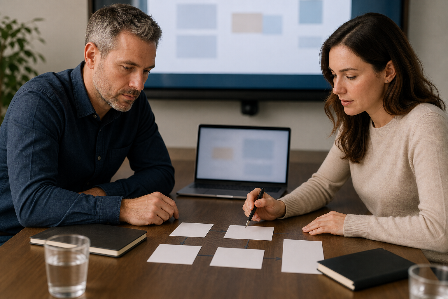 Business owner and operations lead reviewing blank approval cards for an AI-assisted workflow