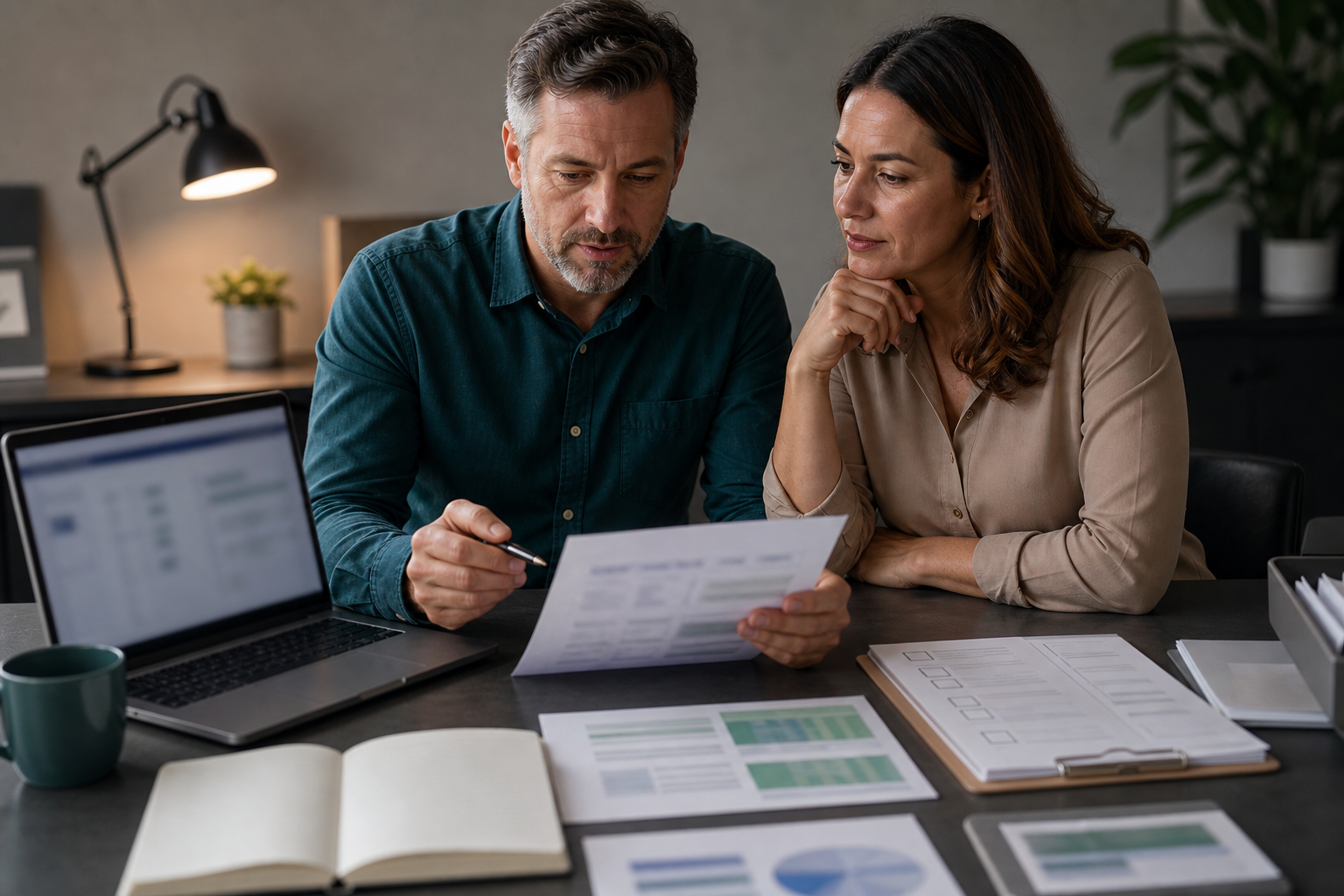 Small business owner and operations lead reviewing blurred AI-assisted workflow output before approval