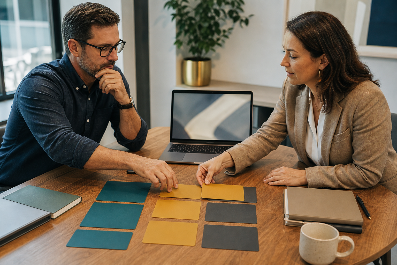 Small business owner reviewing AI-prepared work before a human approval step with blurred screens