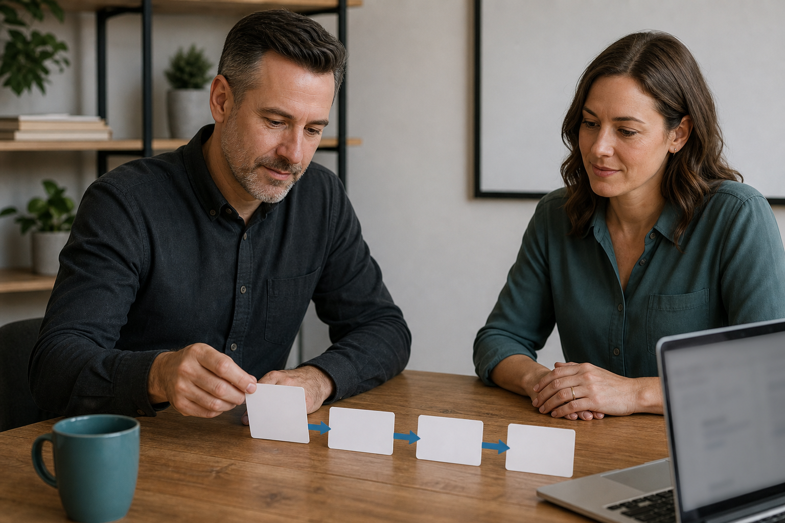 Small business owner approving a human-reviewed automation workflow with blank cards