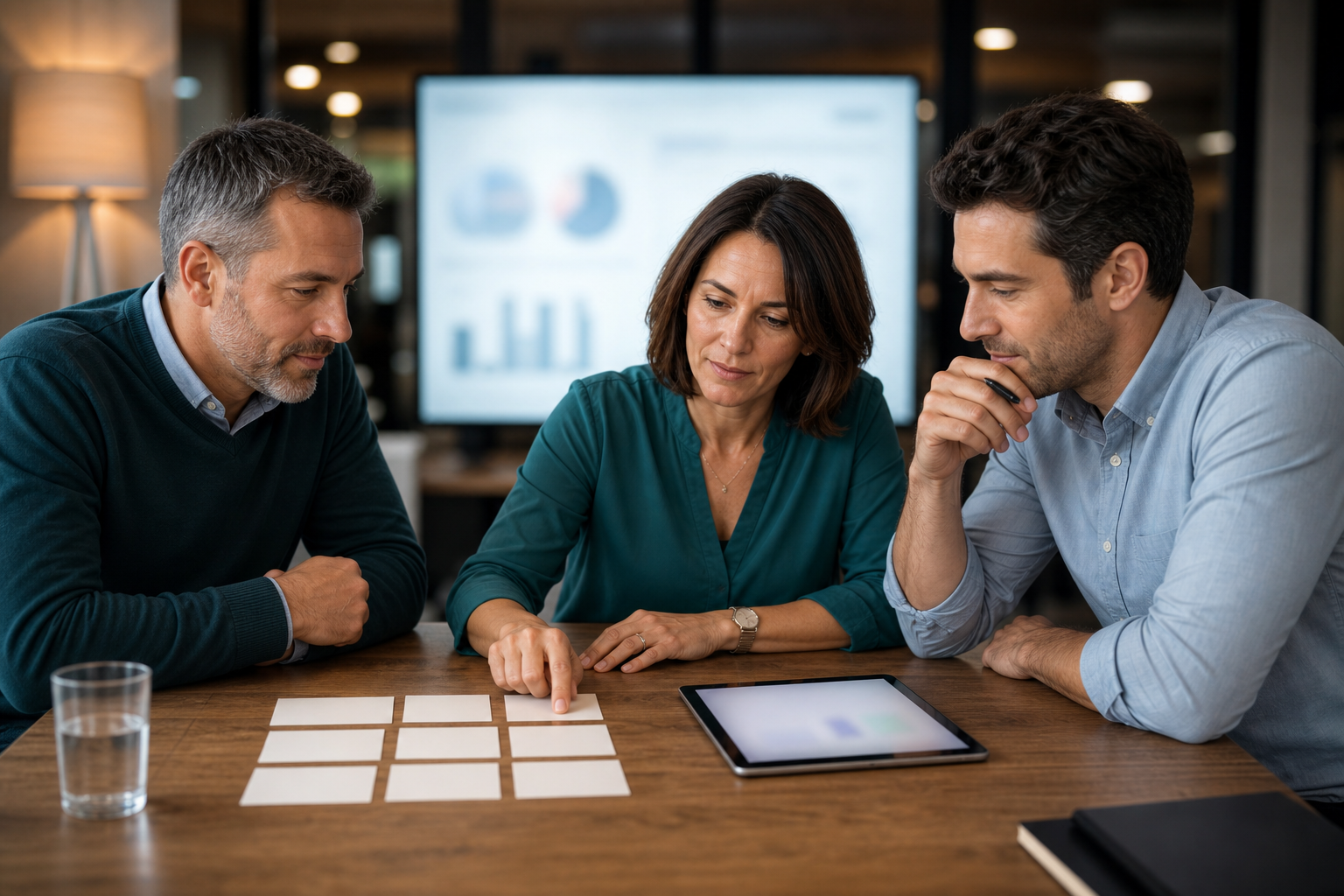 Small business team reviewing a human-approved AI automation pilot with blank cards and blurred screens