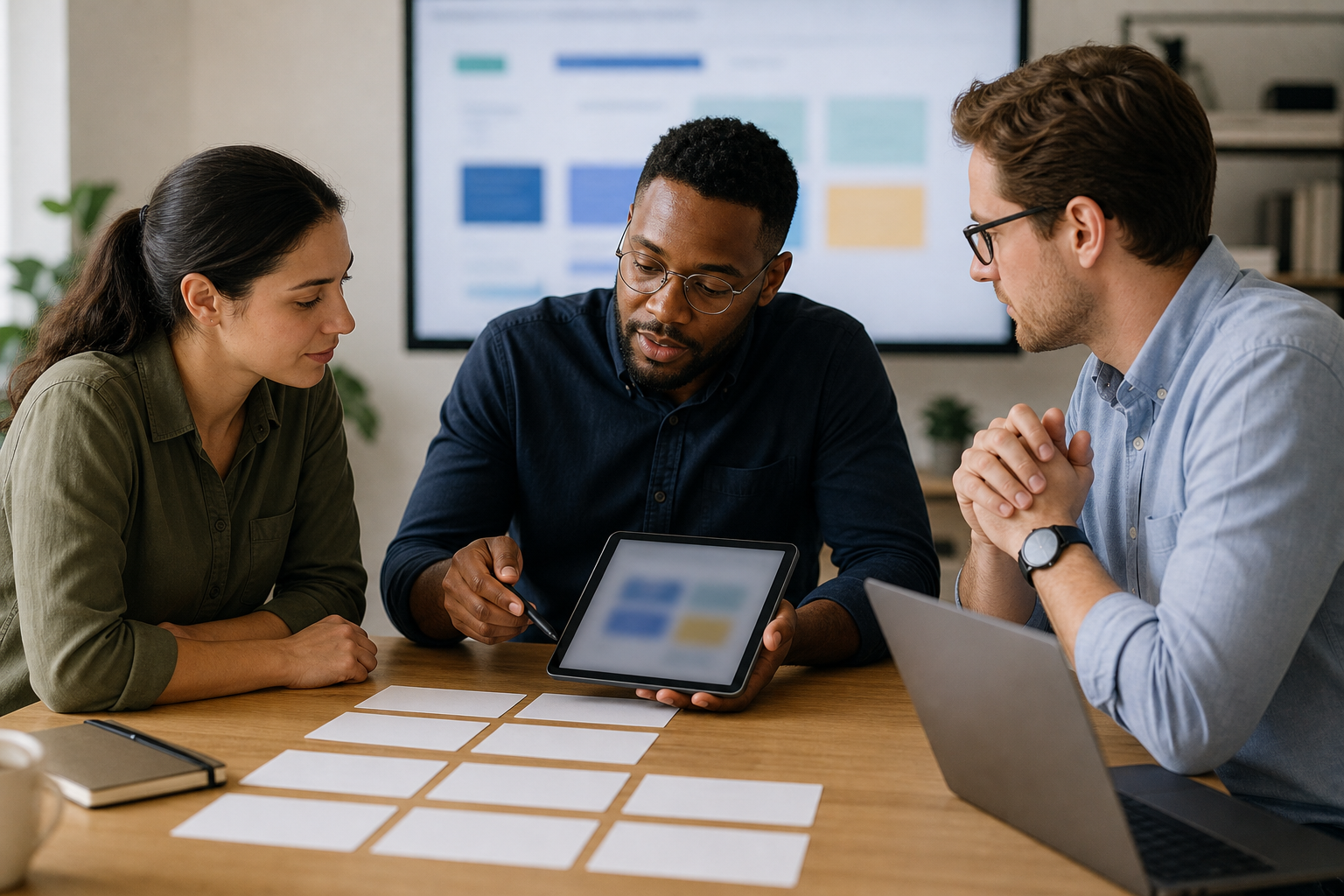 Small business team reviewing blank cards and blurred screens after an AI workflow audit