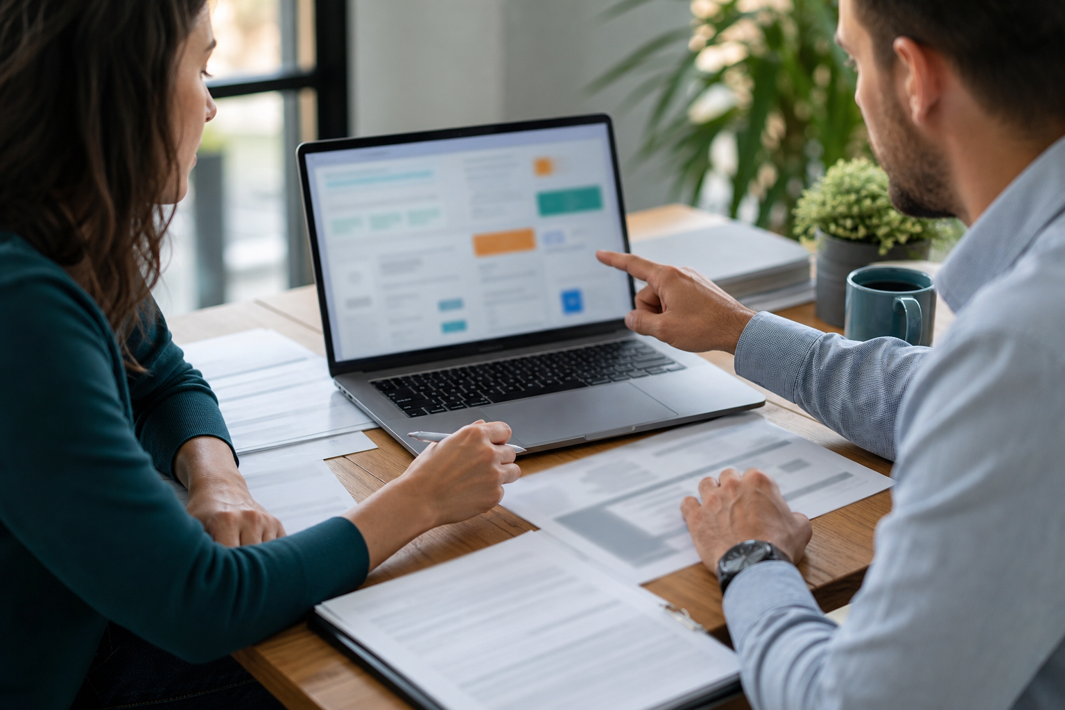 Small business finance manager reviewing blank invoice documents and blurred AI exception dashboard