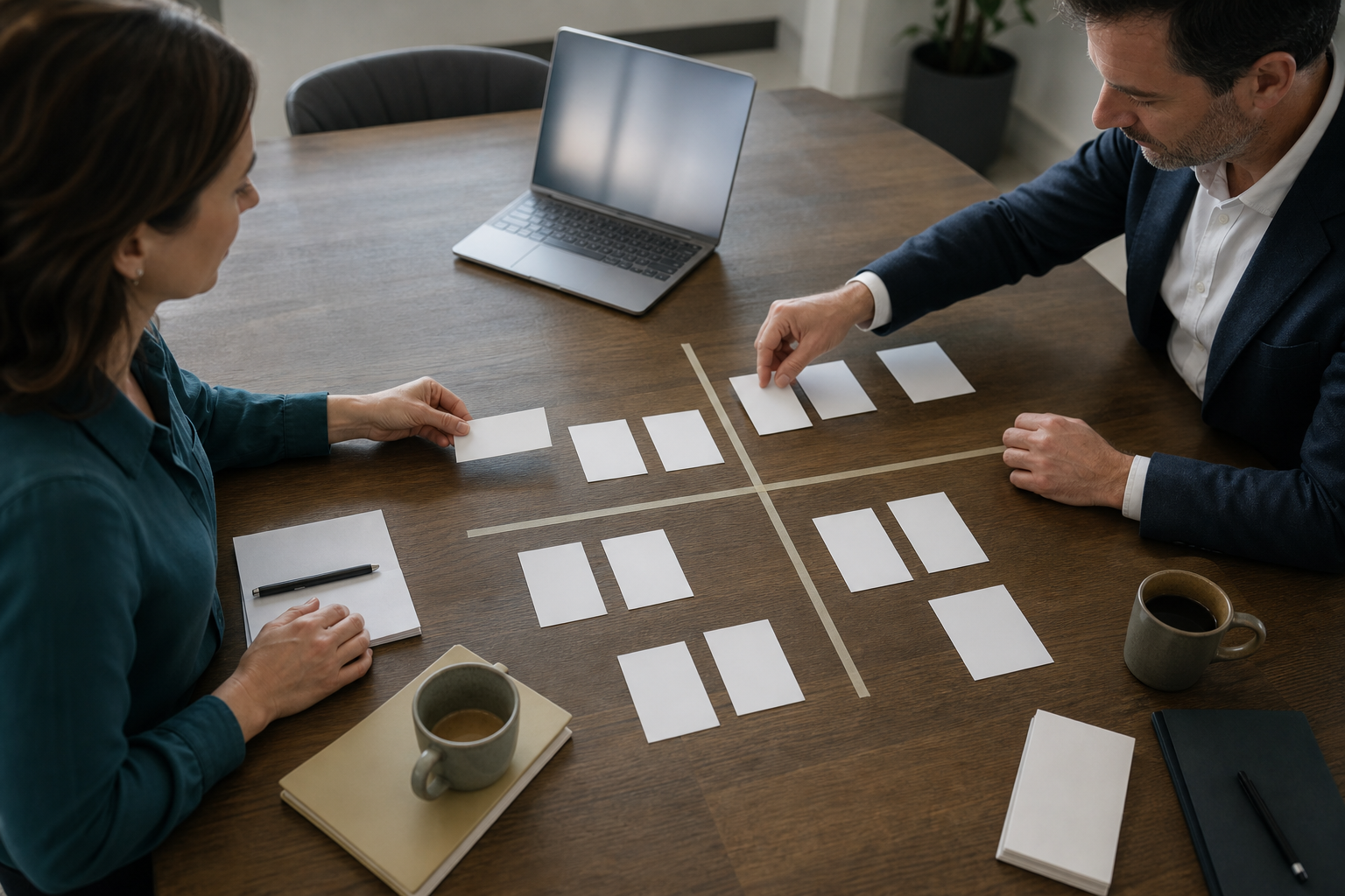Consultant and small business owner prioritizing blank automation opportunity cards on a simple grid