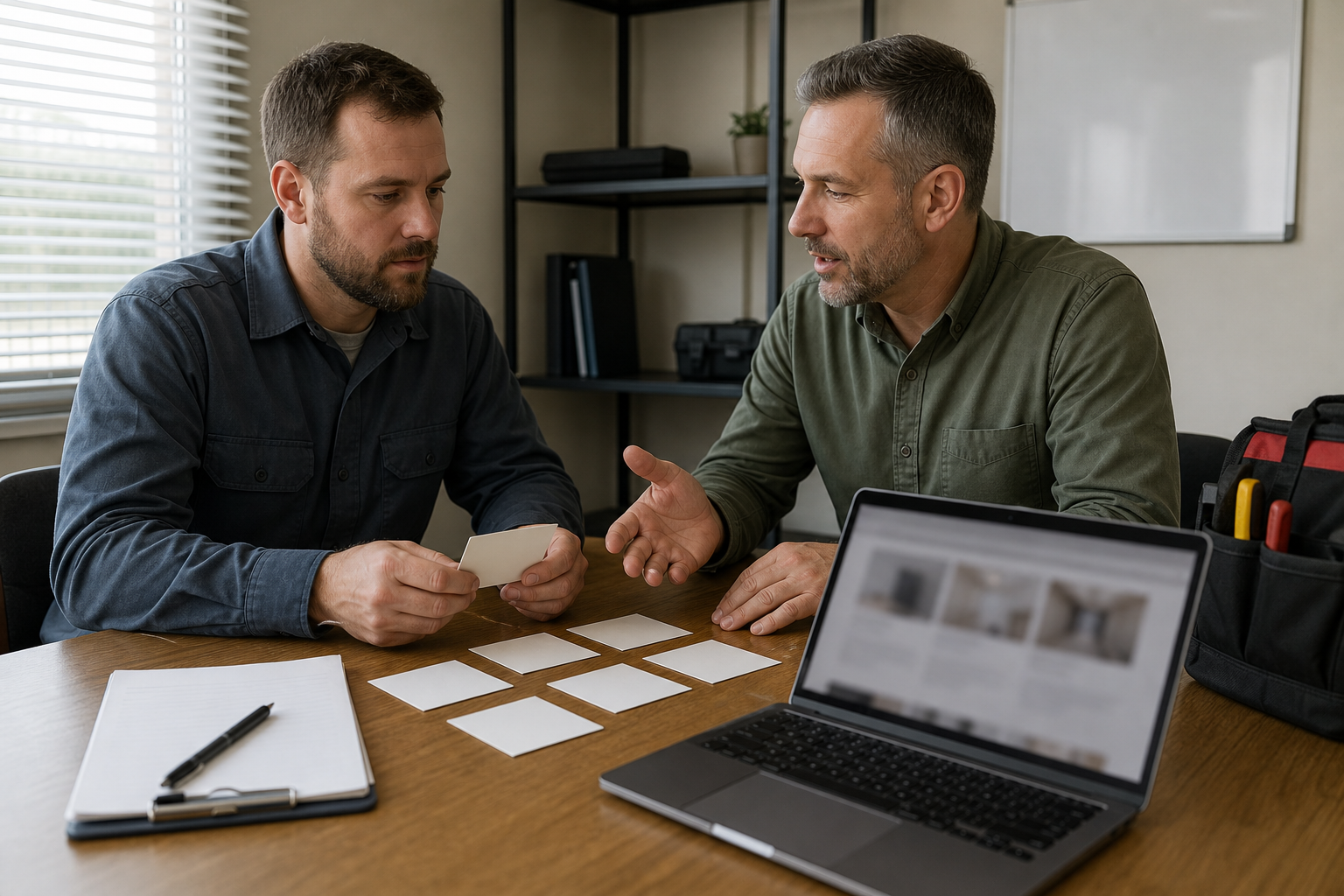 Local service business owner and advisor reviewing blank service cards and a blurred laptop