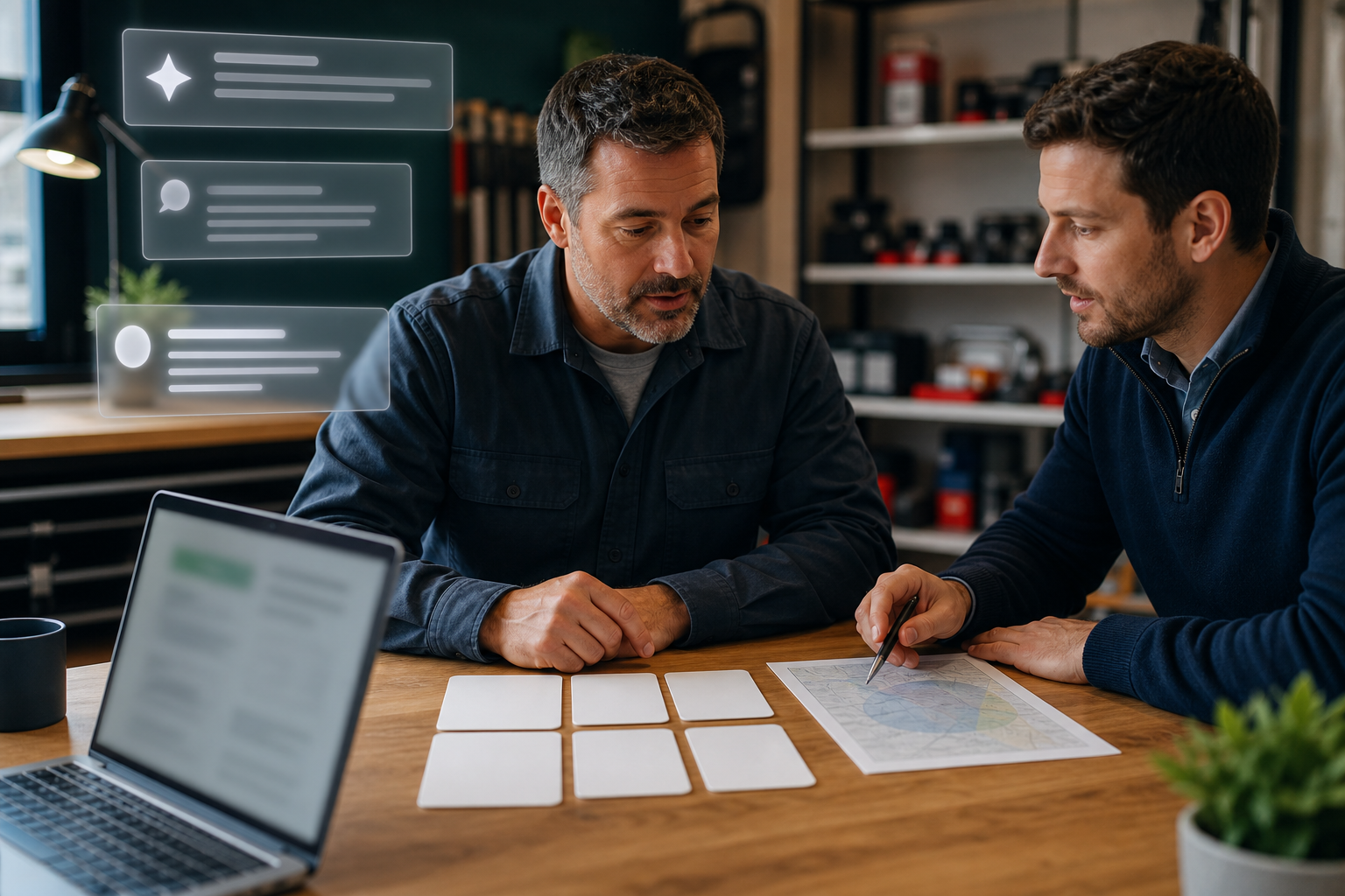 Local service business owner and advisor reviewing blank service cards and a blurred laptop