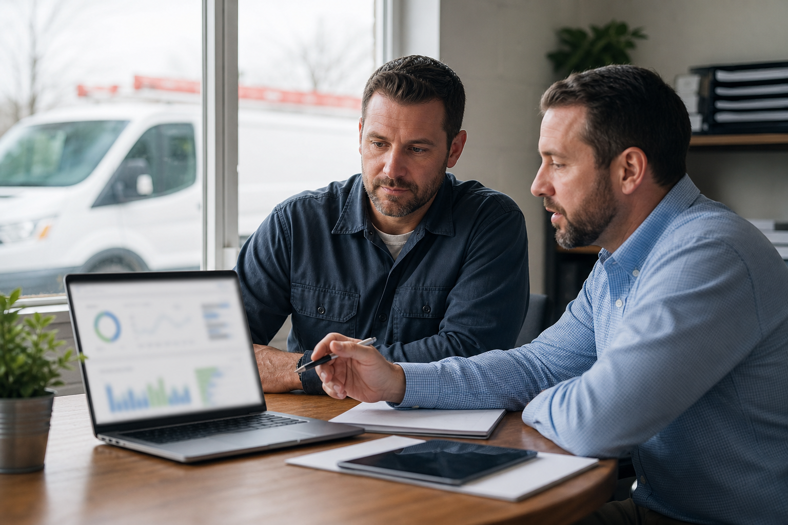 Local service business owner and advisor reviewing blurred visibility dashboards in a modest office