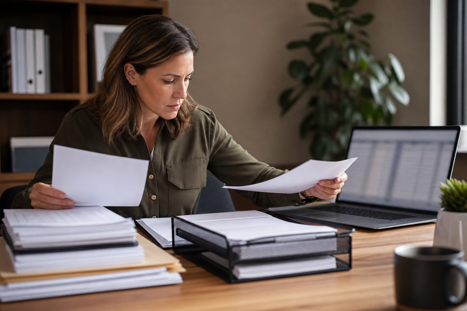 Operations manager sorting blank papers and checking a blurred spreadsheet screen