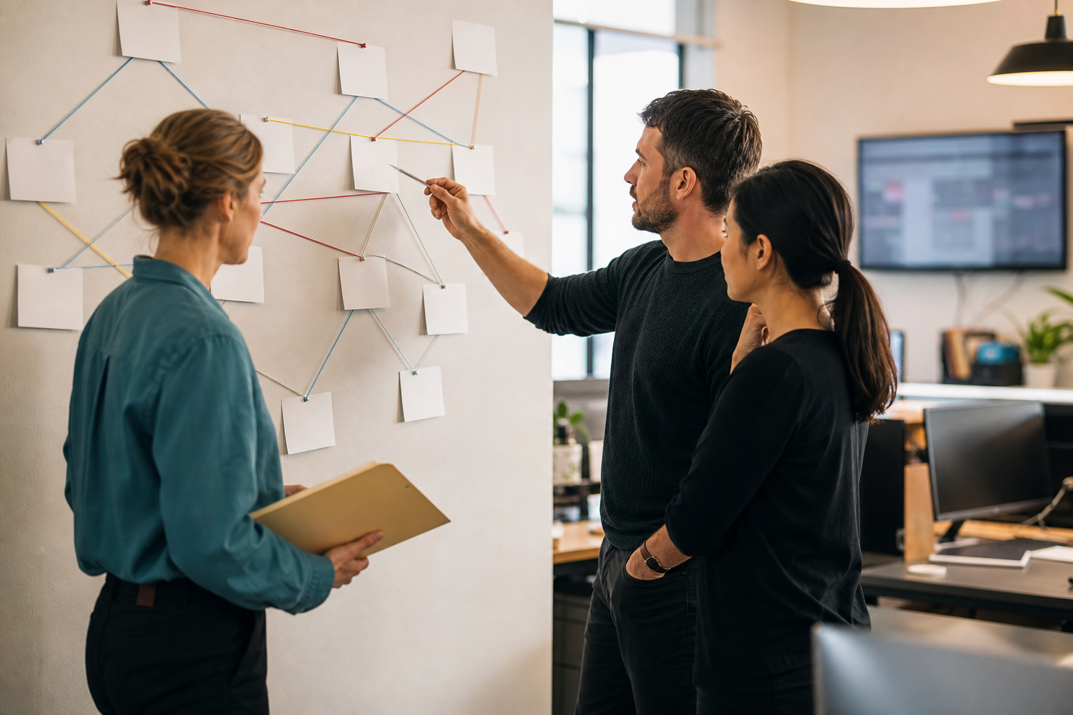Small business operations team mapping blank workflow cards to find manual handoff bottlenecks