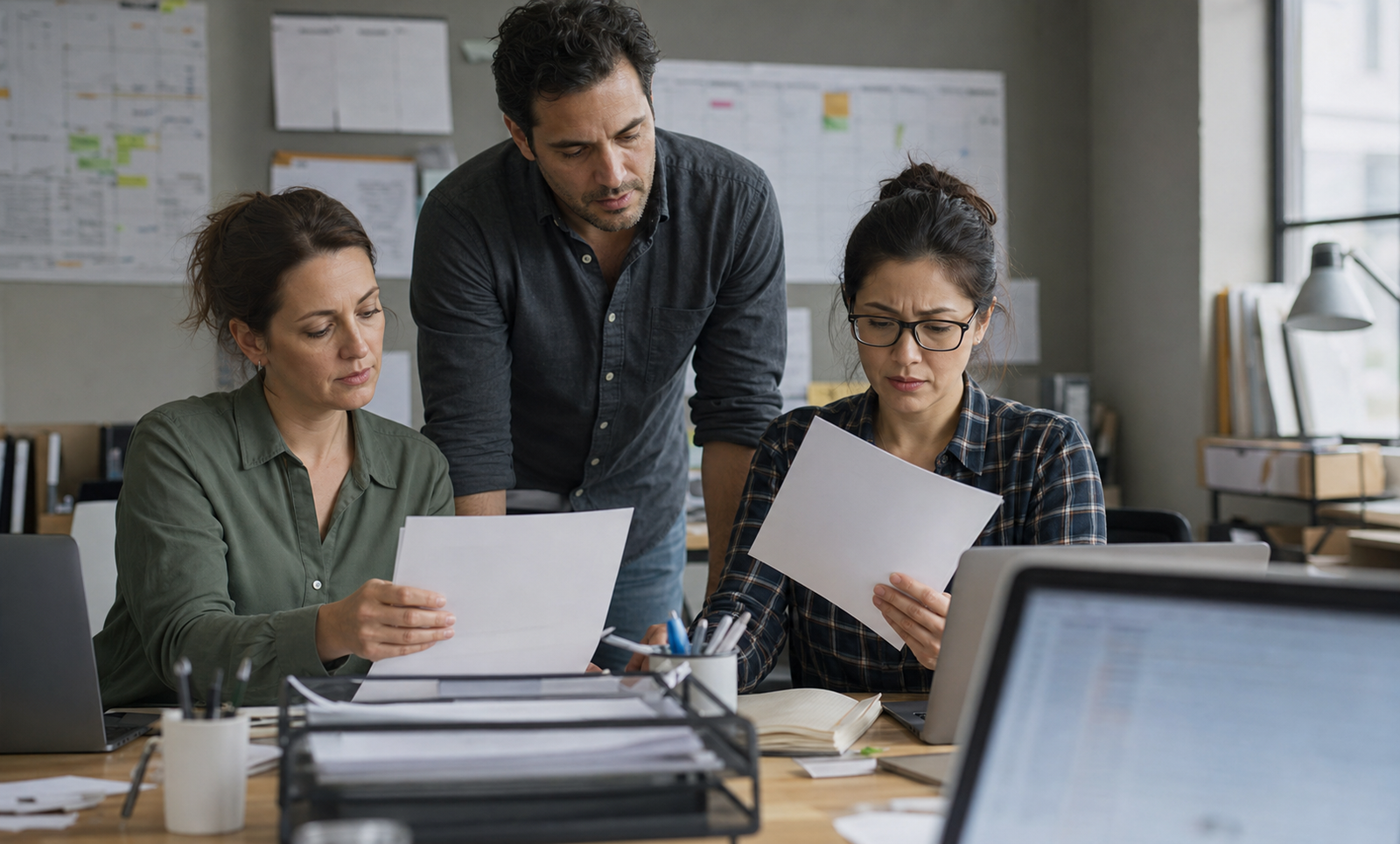 Small business team reviewing blank papers and blurred screens before workflow automation