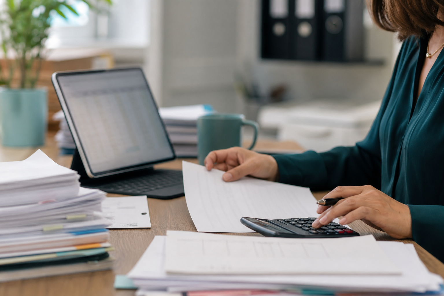 Finance manager reviewing blank paperwork and a blurred spreadsheet during manual invoice checks