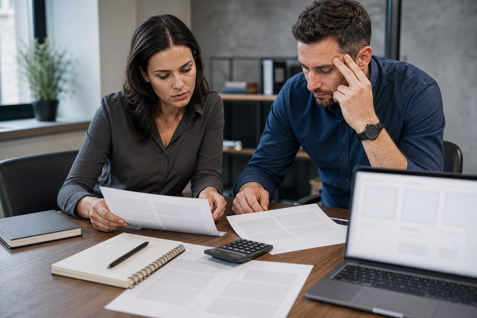 Small business owner and assistant reviewing blank weekly report pages and a blurred laptop