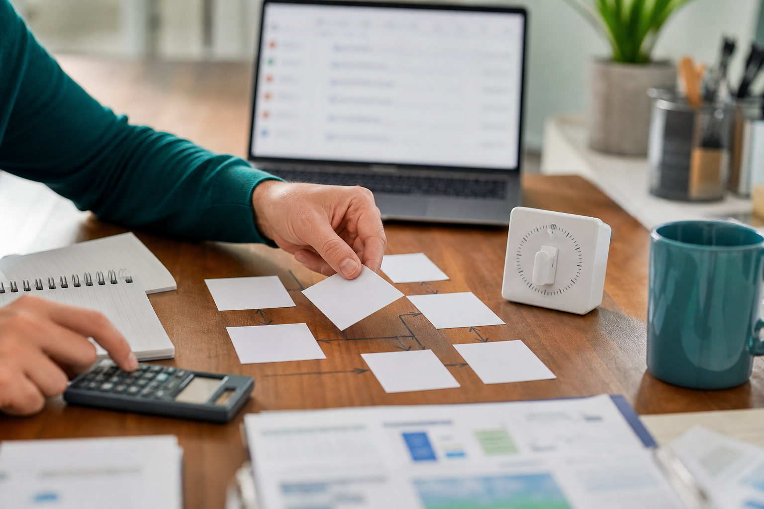 Small business operator measuring repeated manual work with blank workflow cards and blurred screens