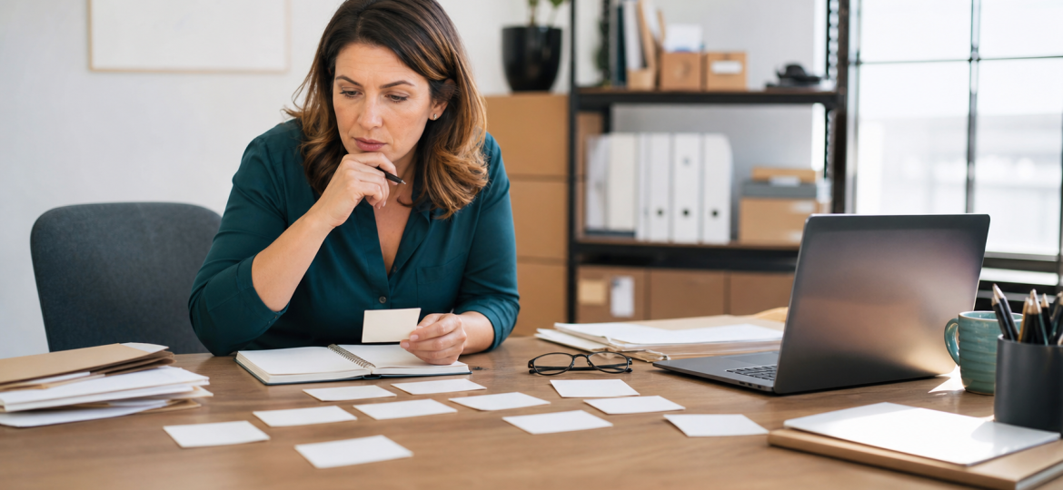 Small business owner reviewing blank workflow cards and manual task notes in an office