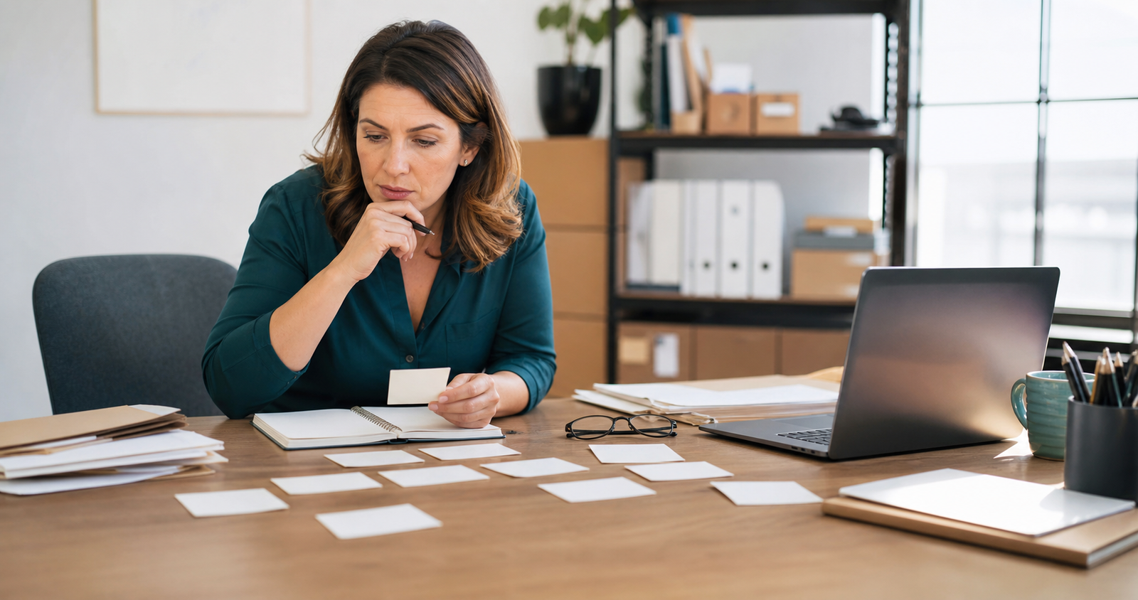 Small business owner reviewing blank workflow cards and manual task notes in an office