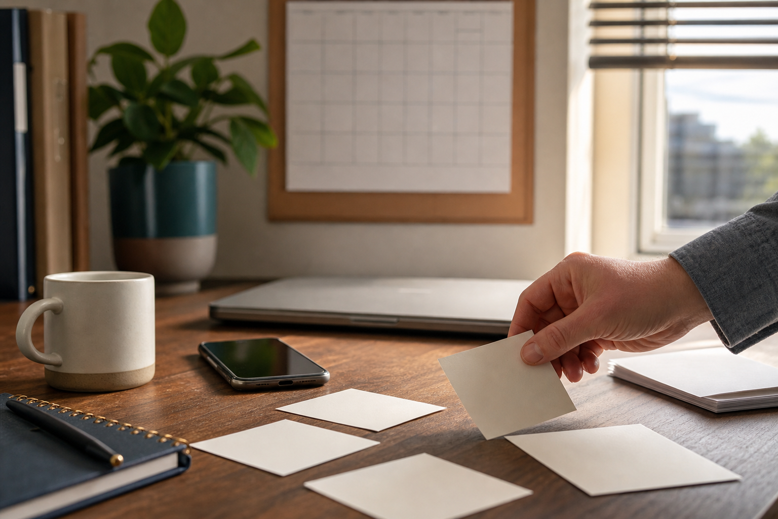 Sales desk with blank task cards and blurred calendar showing follow-up work accumulating