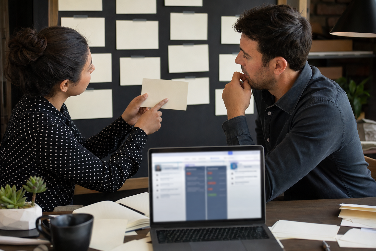 Small business team reviewing blank follow-up cards and a blurred laptop screen