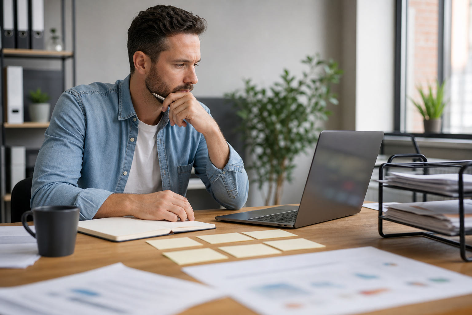 Small business owner considering workflow automation help with blurred laptop and blank notes