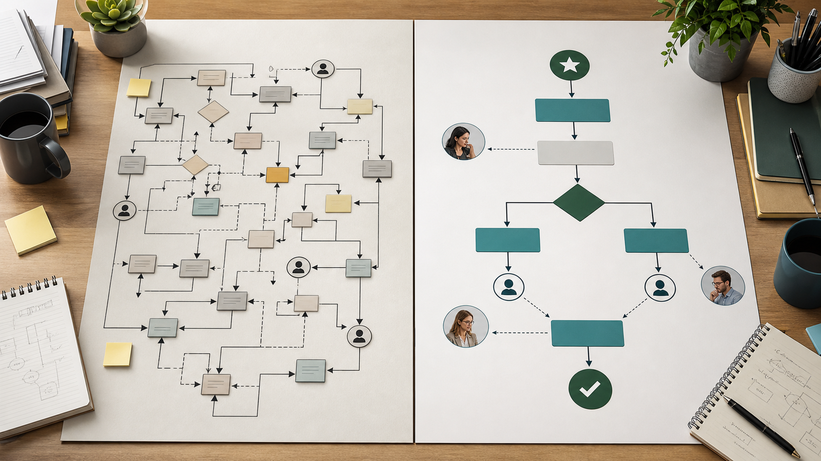 Comparison of a crowded old workflow and a redesigned workflow centered on a clearer business outcome