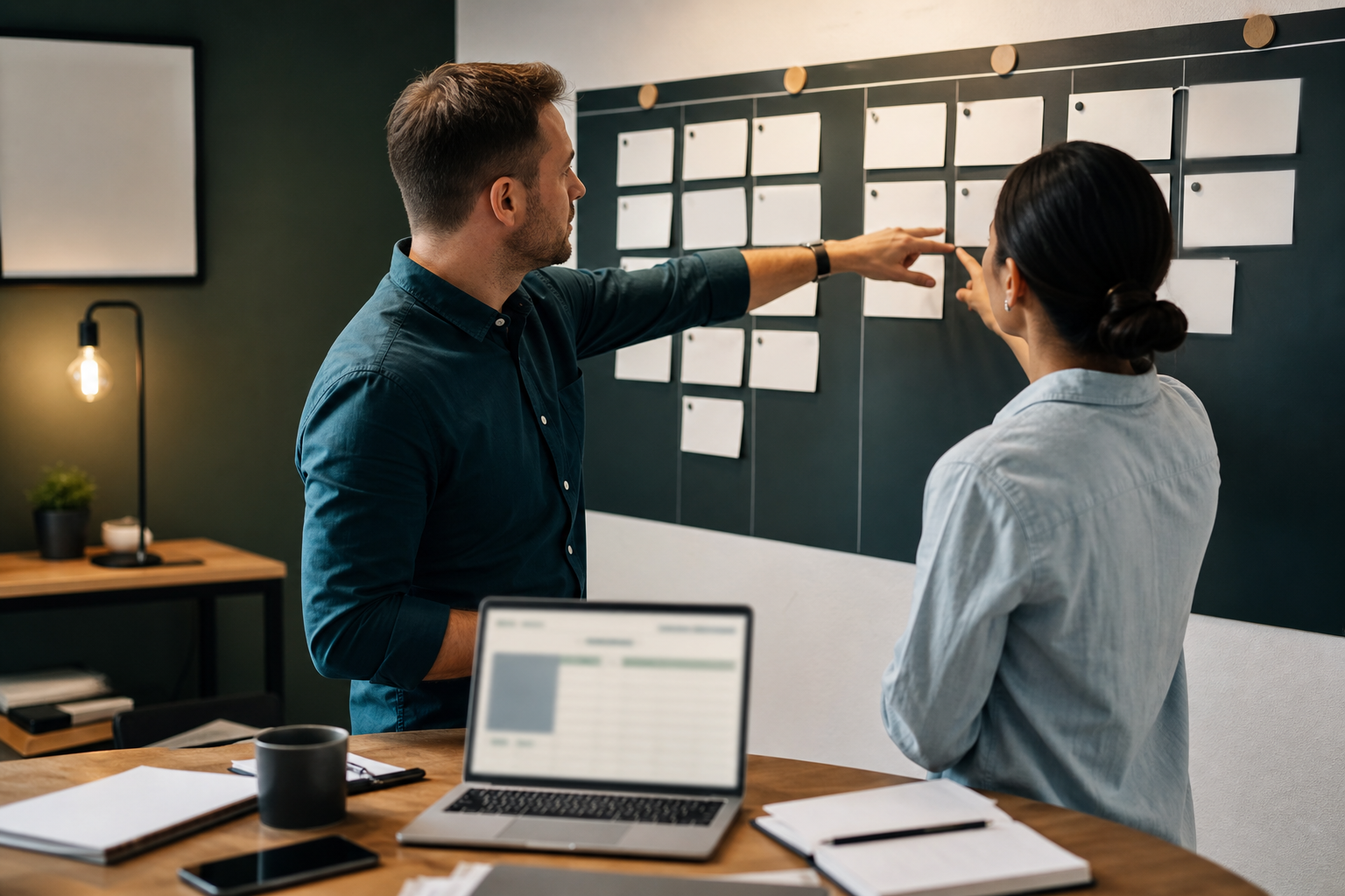 Small B2B team reviewing blank follow-up cards and a blurred pipeline board for automation ROI
