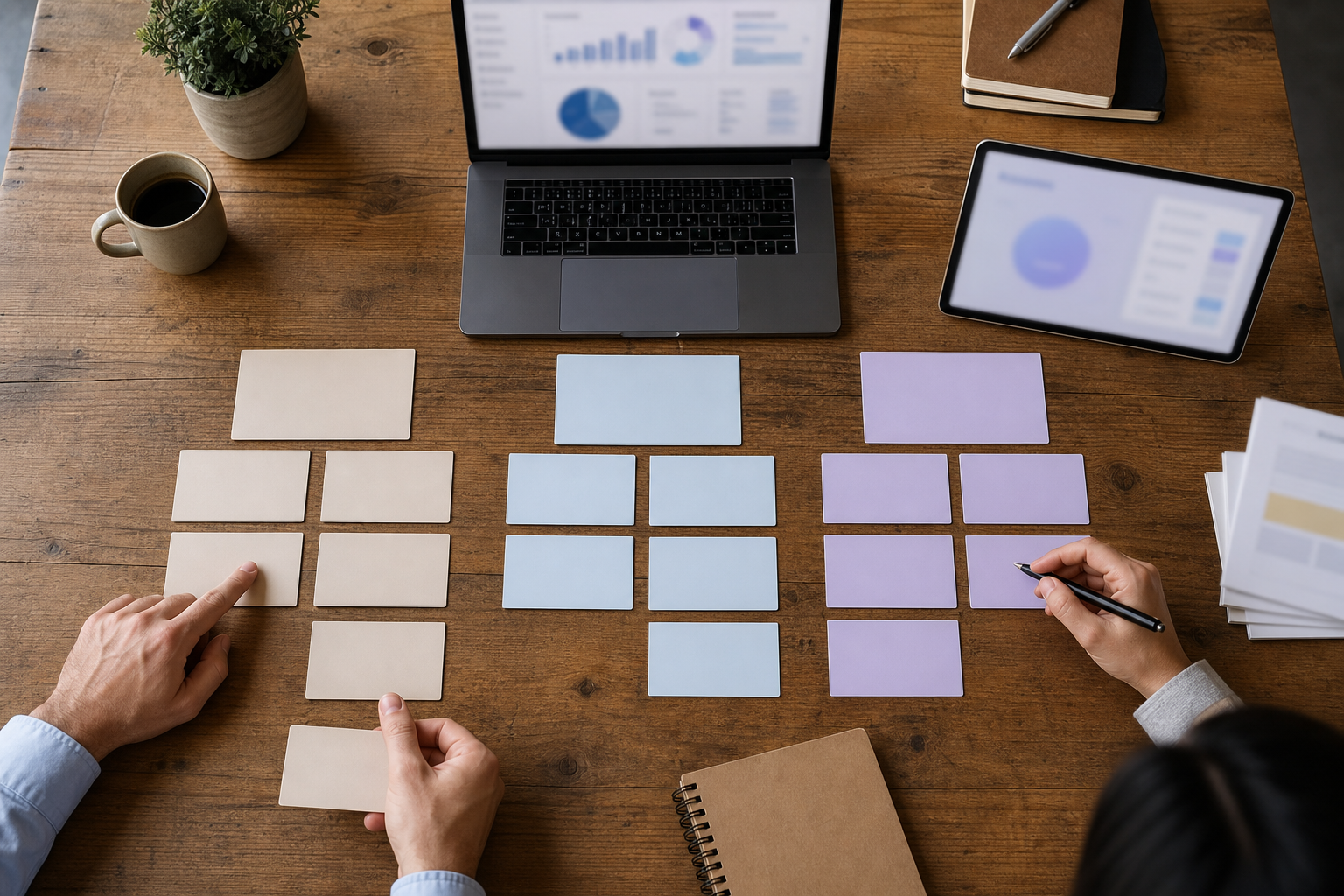 Overhead business table with three blank strategy groups, a blurred analytics dashboard, and an abstract assistant interface