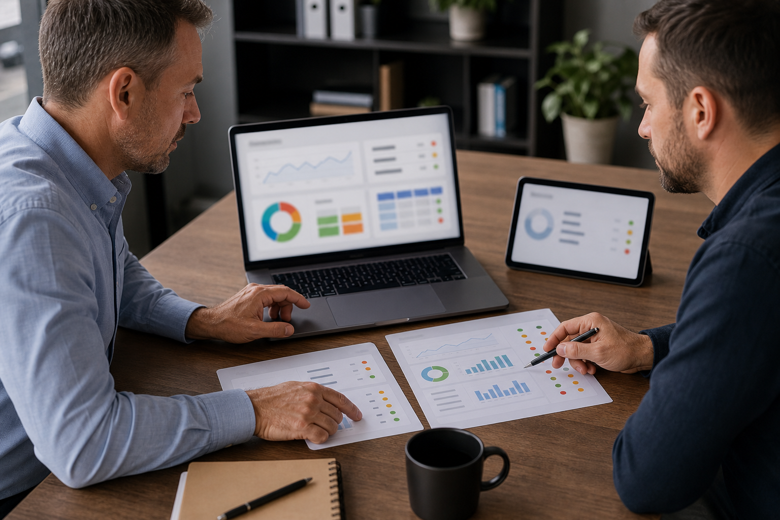 Consultant and small business owner reviewing abstract SEO, GEO, and AEO measurement scorecards