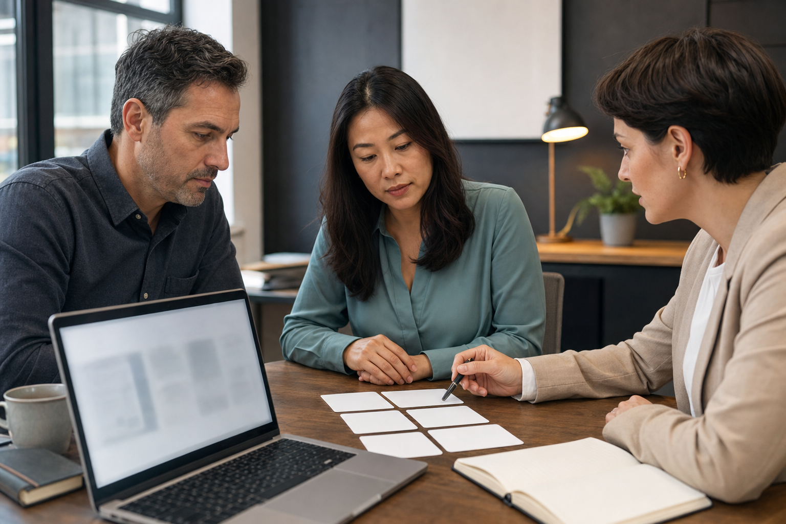 Small agency team using AI-assisted weekly reporting with blank notes and blurred laptop screen