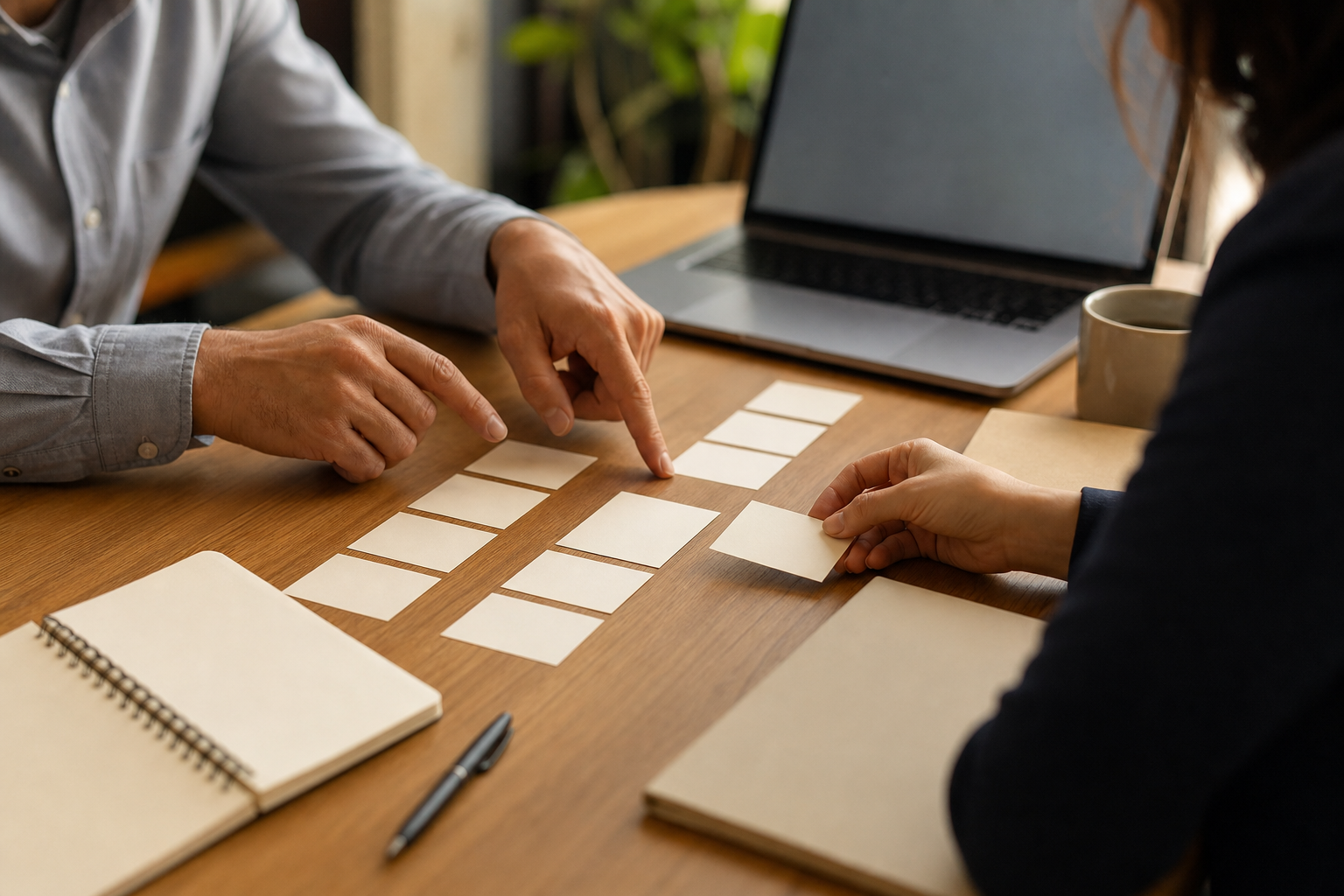 Workflow automation consultant and owner arranging blank cards during an audit