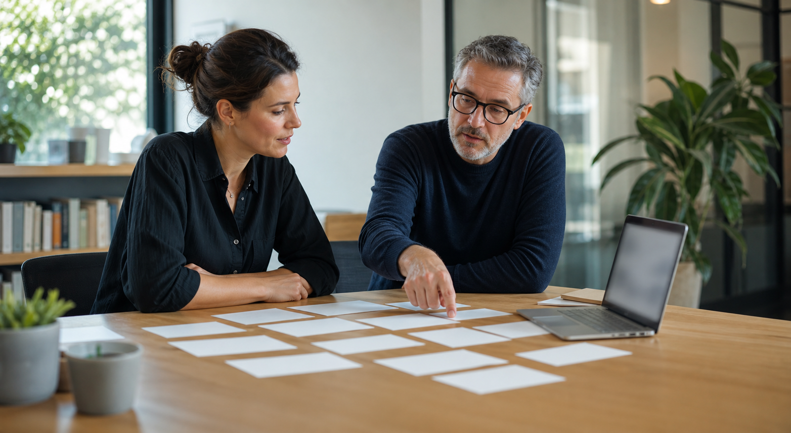 Small business owner and workflow automation consultant mapping blank process cards in a meeting room