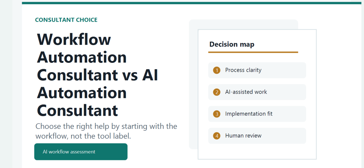 Business owner comparing workflow automation consultant and AI automation consultant options
