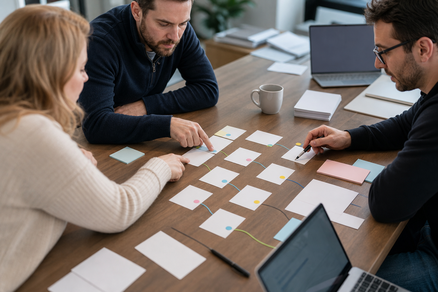 Small business team mapping blank workflow cards to find bottlenecks and handoffs