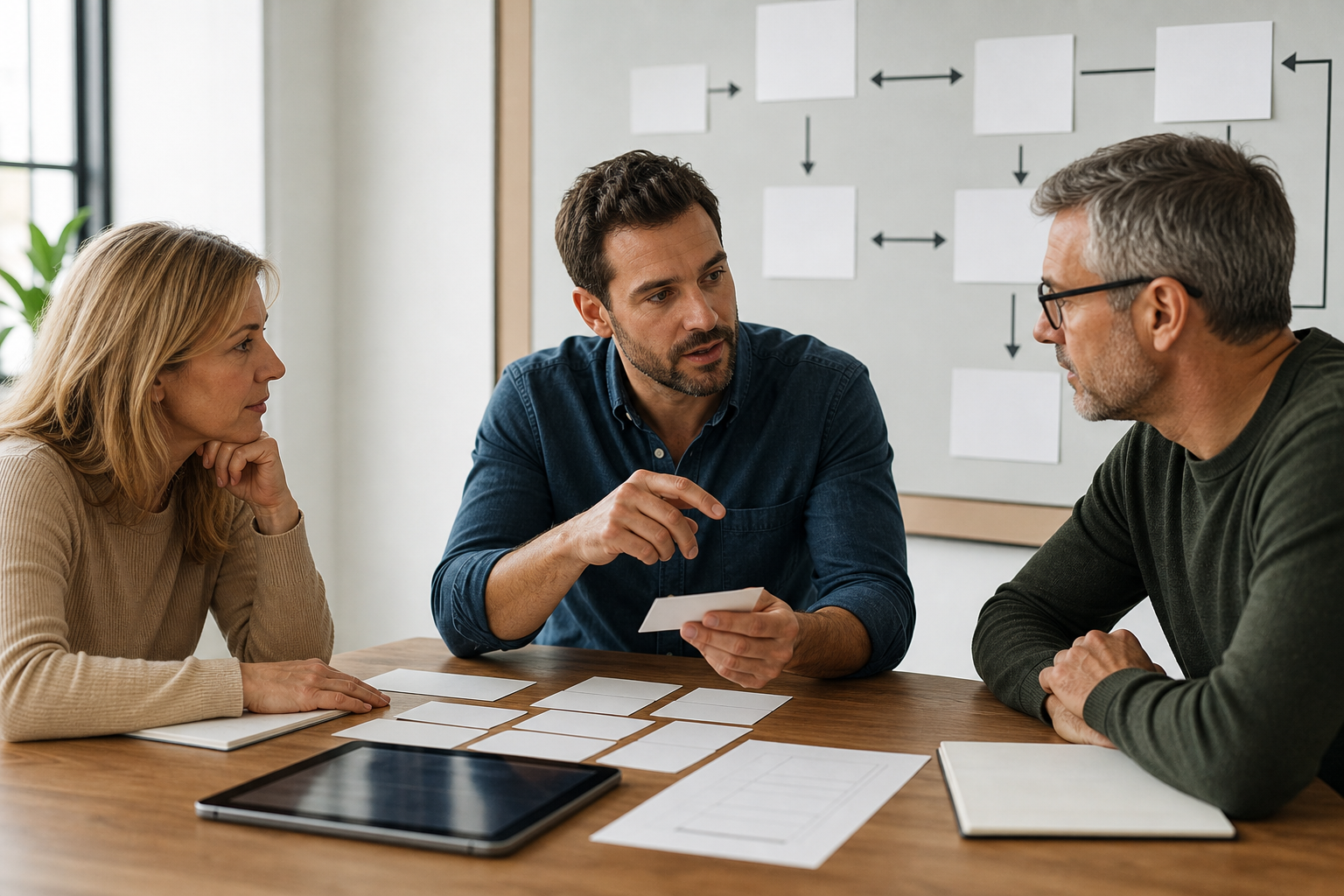 Business owner, operations lead, and workflow automation consultant reviewing blank handoff cards
