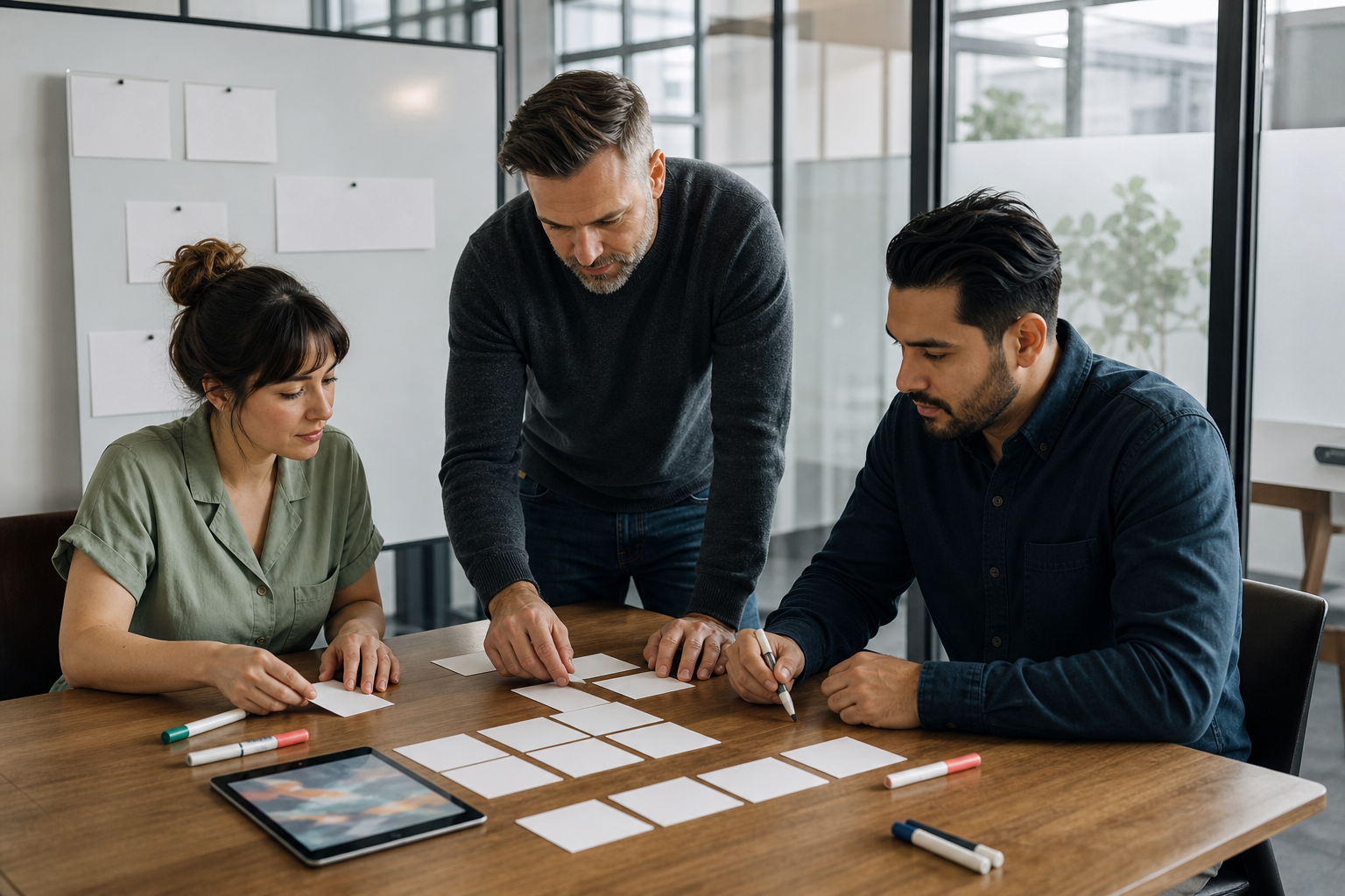 Small business team mapping blank workflow cards to find an AI automation opportunity