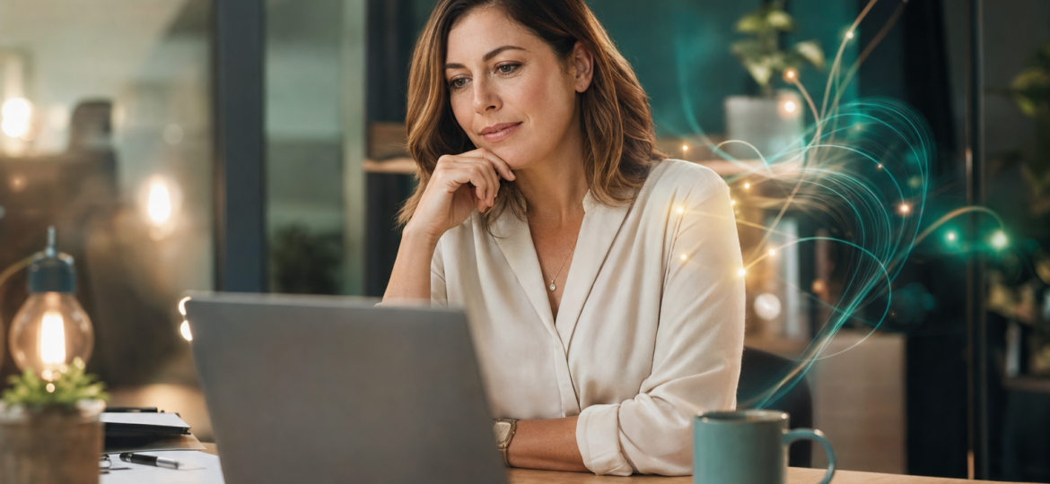 Modern small business team working with AI agents on laptops in a bright office