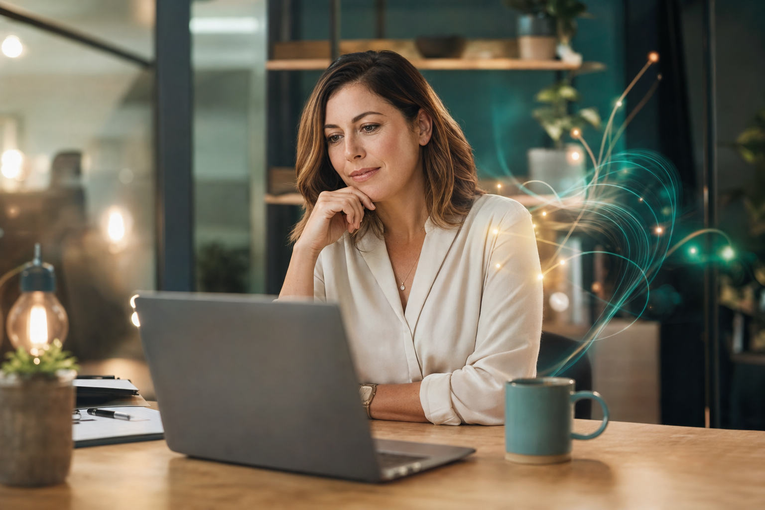 Modern small business team working with AI agents on laptops in a bright office