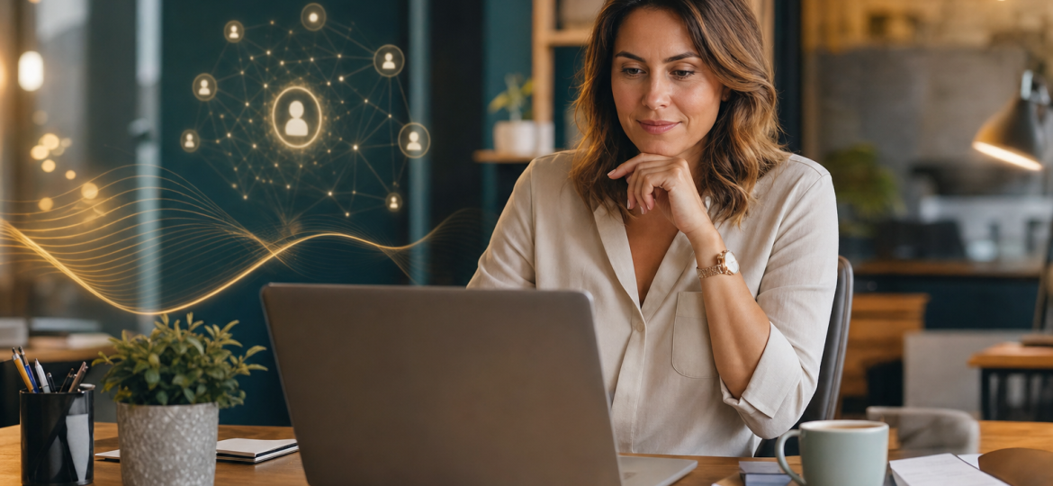 A small business office with team members collaborating, while digital AI agent icons assist with tasks on their computers.