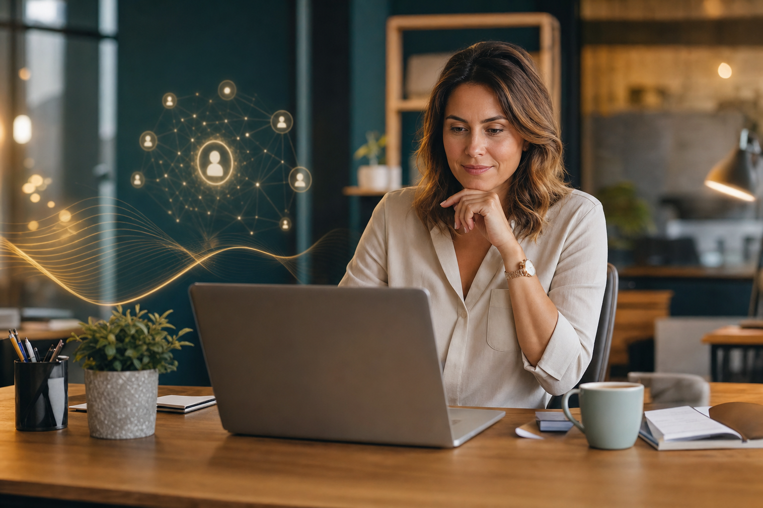A small business office with team members collaborating, while digital AI agent icons assist with tasks on their computers.