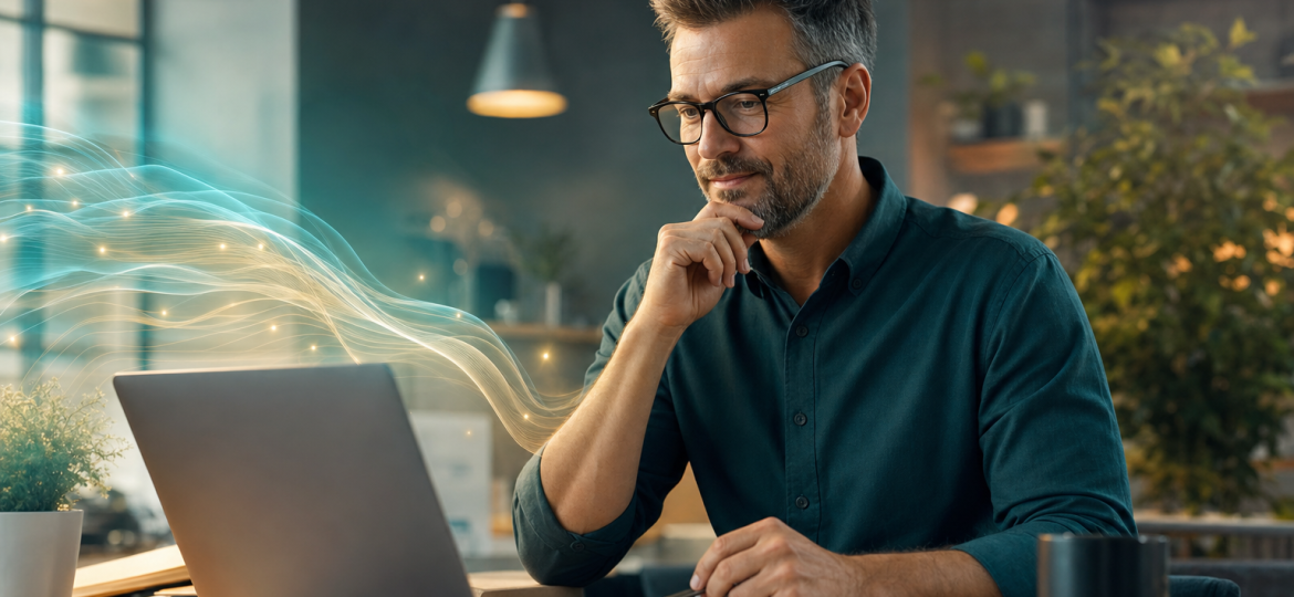 Small business owner reviewing automated AI agent dashboard with customer workflows and status updates