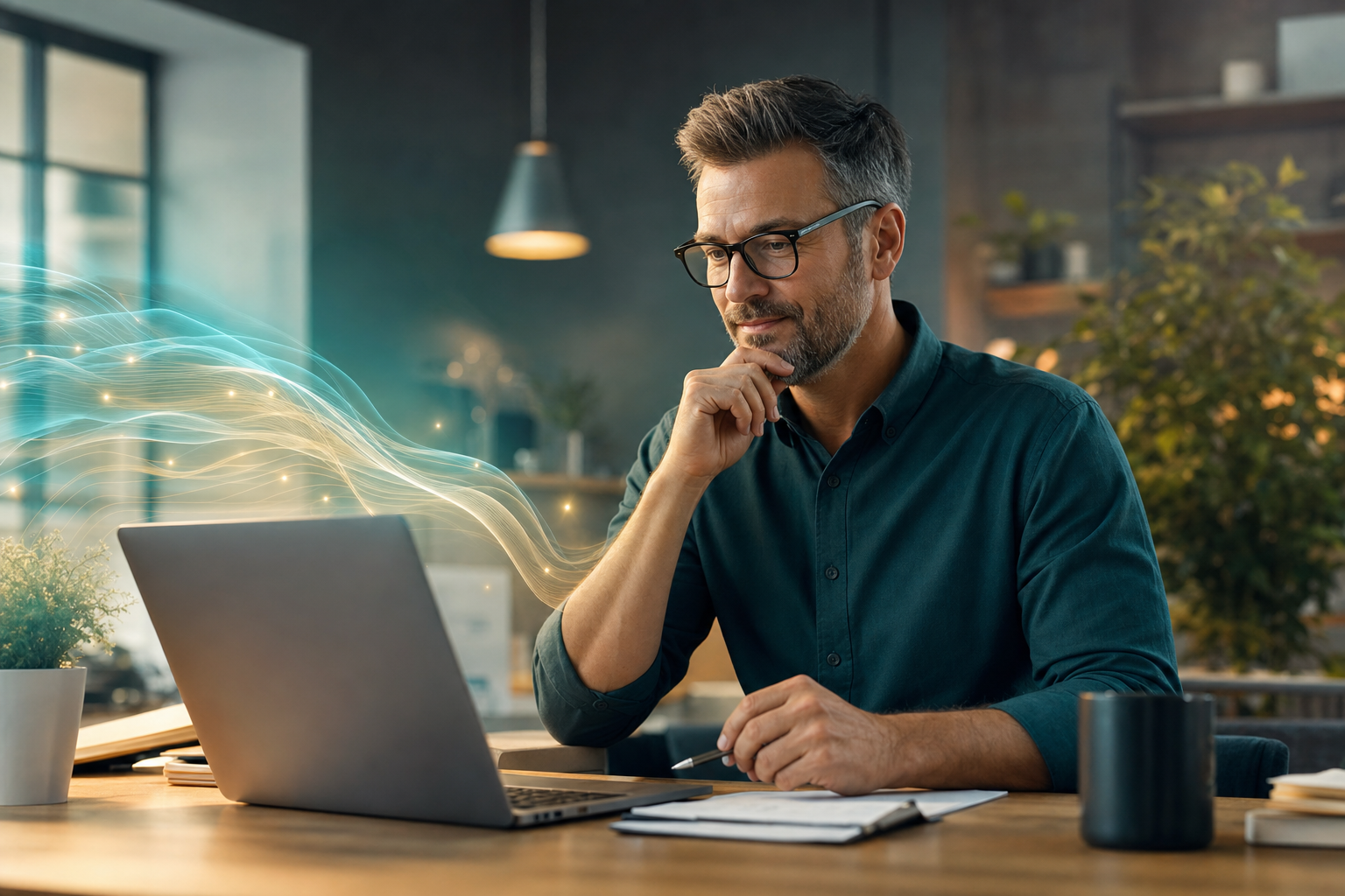 Small business owner reviewing automated AI agent dashboard with customer workflows and status updates