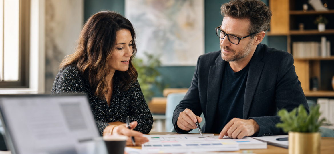 Small business owner and consultant reviewing source credibility and AI search visibility planning