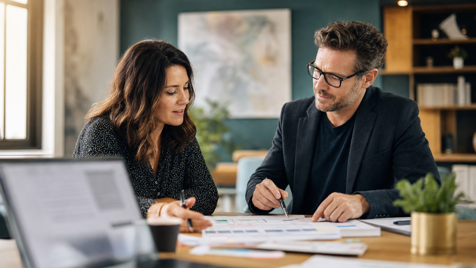 Small business owner and consultant reviewing source credibility and AI search visibility planning